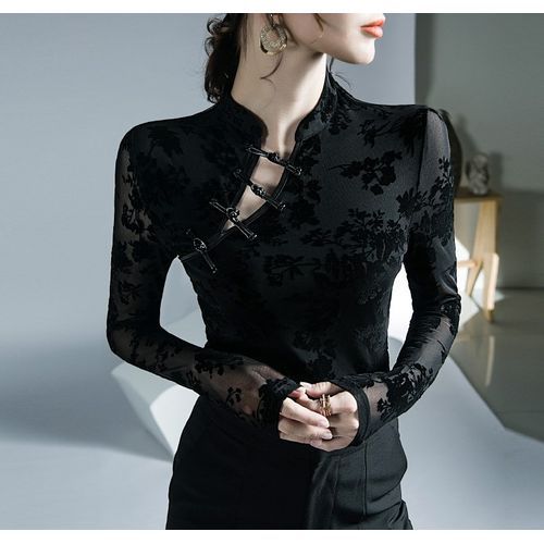 Honnm - Long-Sleeve Floral Frog Button Mesh Slim Fit Top