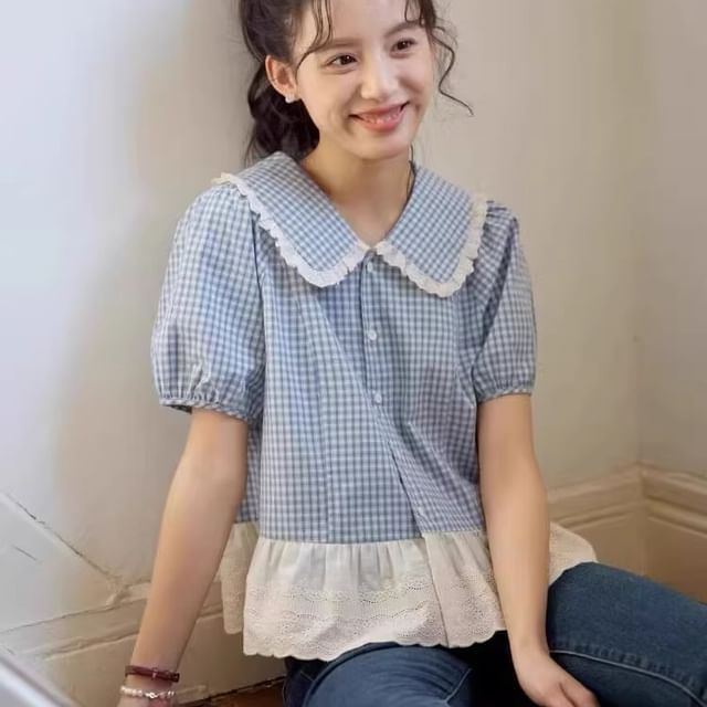 PANDAGO-Short-Sleeve Collared Plaid Button Up Blouse
