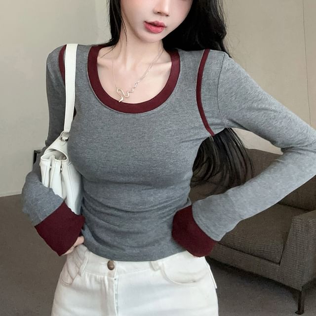 Magma-Long-Sleeve U-Neck Contrast Trim Tee