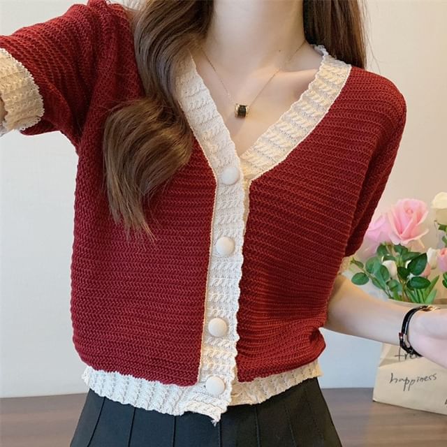 Leoom-Short Sleeve V-Neck Two Tone Cardigan