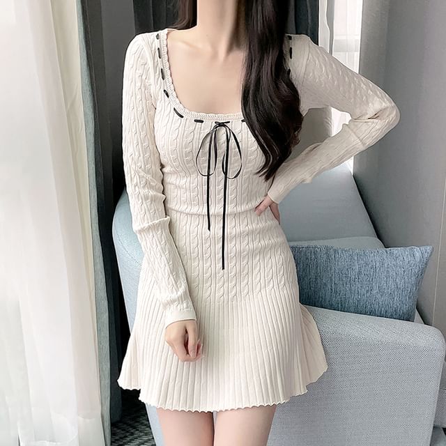 Honey River - Long-Sleeve Scoop Neck Contrast Trim Tie Front Cable Knit Mini A-Line Knit Dress | YesStyle Honey River - Long-Sleeve Scoop Neck Contrast Trim Tie Front Cable Knit Mini A-Line Knit Dress | YesStyle