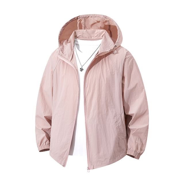 Ninine-Plain Hooded Zip Jacket