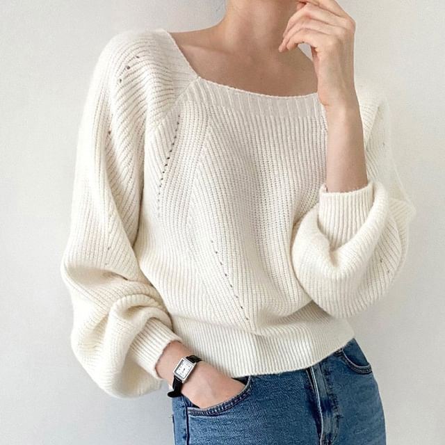 ISSOL-Square Neck Ribbed Pointelle Sweater