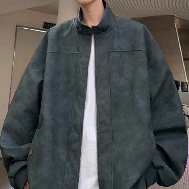Really Point-Stand Collar Faux Suede Plain Zip Jacket