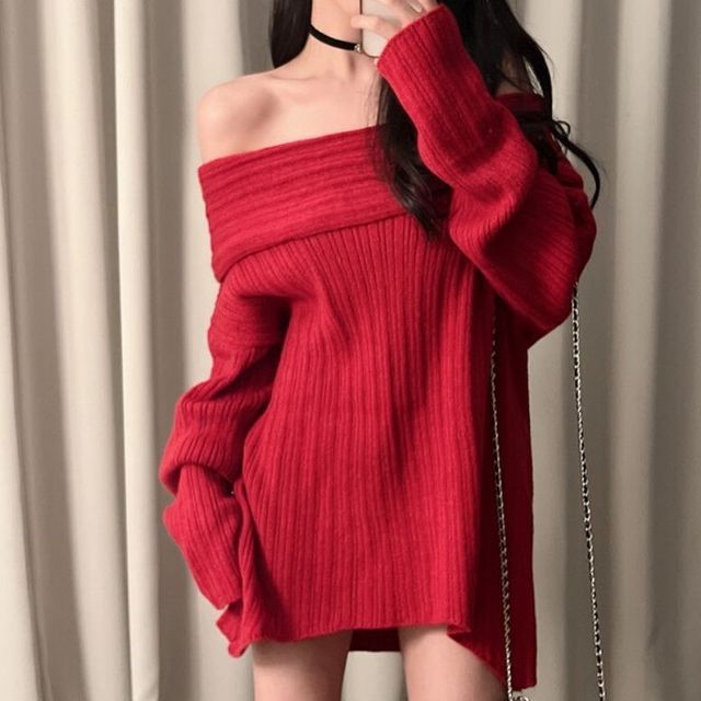 Off-Shoulder Plain Knit Mini Shift Dress Off-Shoulder Plain Knit Mini Shift Dress