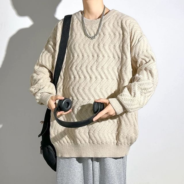 Urtishia-Crew Neck Plain Jacquard Sweater