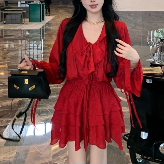 ANORA Long-Sleeve V-Neck Ruffle Plain Top Mini A-Line Skirt