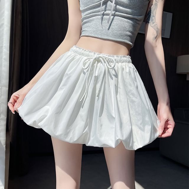 Sienne-Drawstring Waist Plain Paperbag Mini Skirt