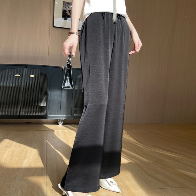 Weelop-Drawstring Waist Plain Wide Leg Pants