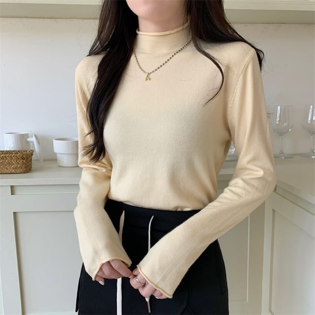 Sisyphi-Long-Sleeve Mock Neck Plain Knit Top