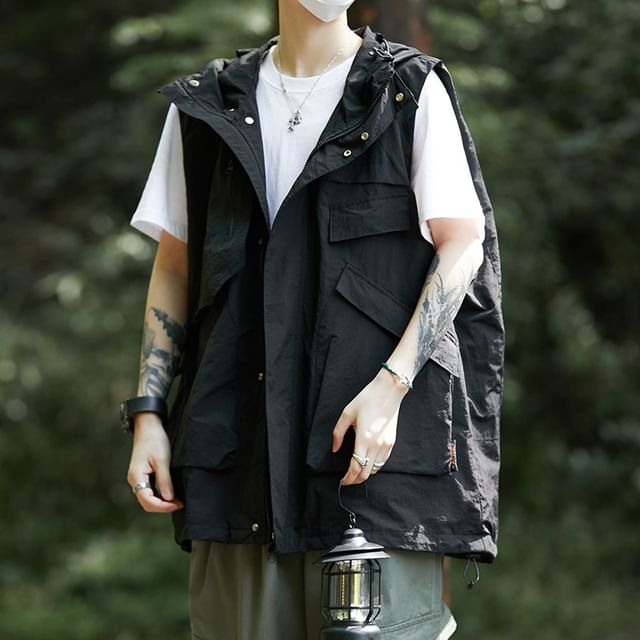 Lorencho-Plain Hooded Zip-Up Cargo Vest