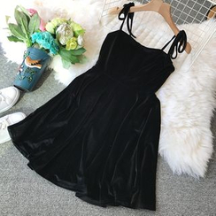 Yearnin - Spaghetti Strap Velvet A-Line Mini Dress Yearnin - Spaghetti Strap Velvet A-Line Mini Dress