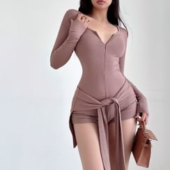 Short-Sleeve Zip-Up Plain Romper