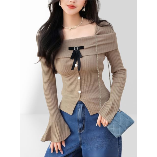 Dute-Long-Sleeve Square Neck Plain Bow Knit Top