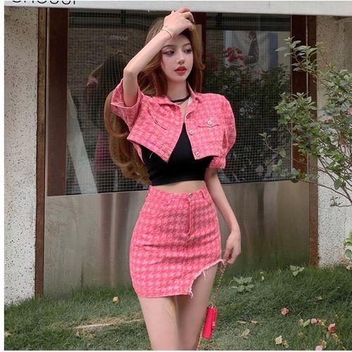 Short Skirt Plaid Skirt And Jacket Set Legally Plaid Pink Tweed