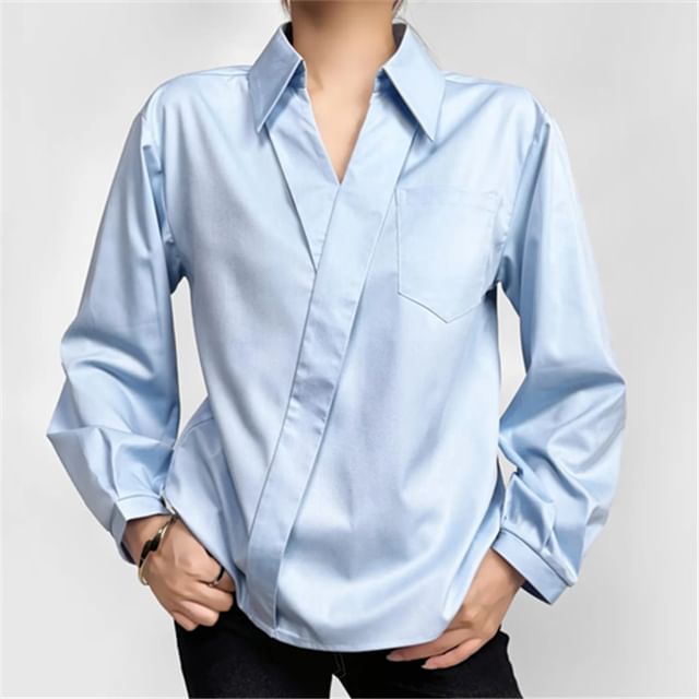 Asiris-Long-Sleeve V-Neck Plain Asymmetrical Shirt