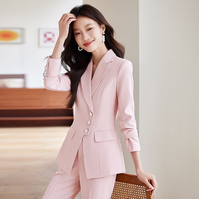 Princess Min-Set Lapel Collar Plain Single Breasted Blazer Mid Waist Plain Flared Slacks