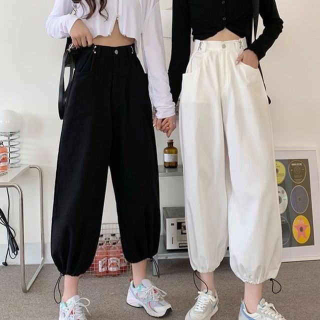 Sisyphi-High Waist Plain Cropped Drawstring Hem Wide Leg Pants
