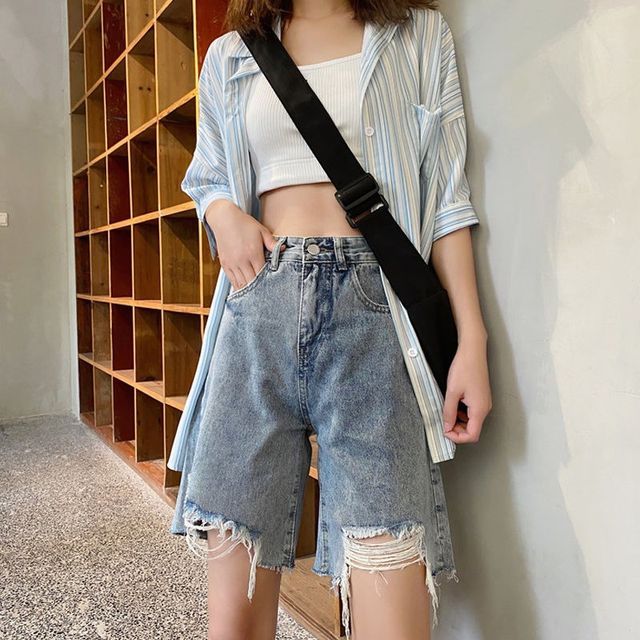 Everose-Mid Waist Distressed Denim Shorts