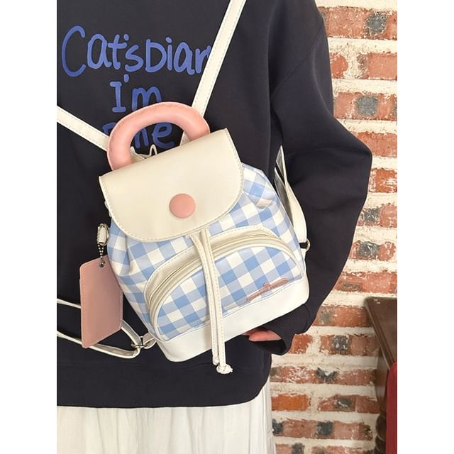Bolso-Faux Leather Plaid Flap Backpack