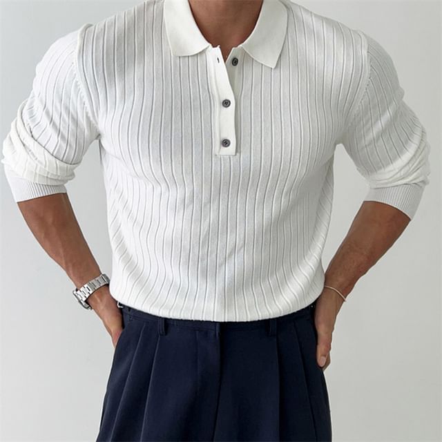 Macho-Long Sleeve Polo Neck Plain Ribbed Knitted Sweater
