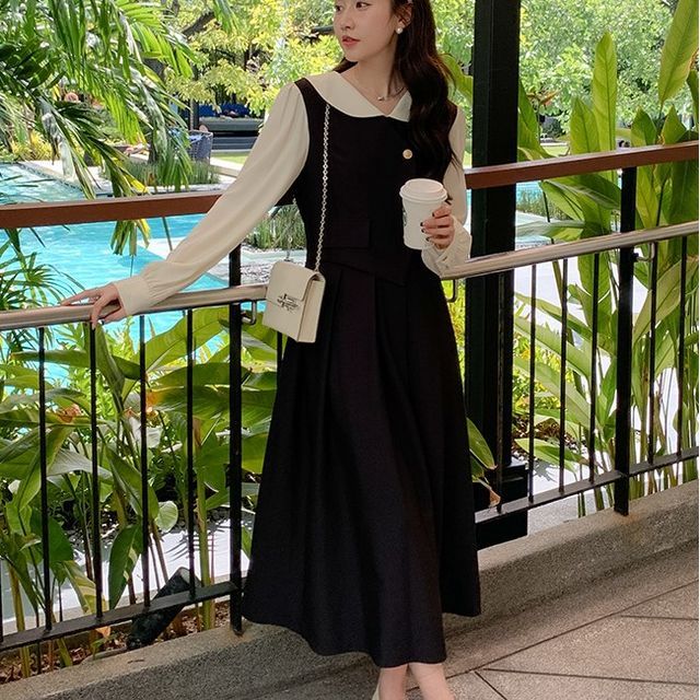 Tzarkozy - Long-Sleeve Collar Two Tone Midi A-Line Dress | YesStyle