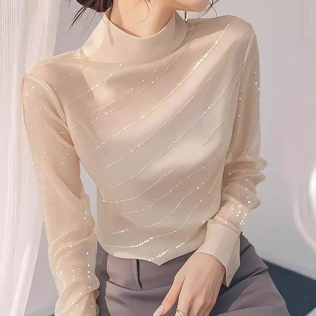 Omibayo-Long-Sleeve High Neck Rhinestone Top