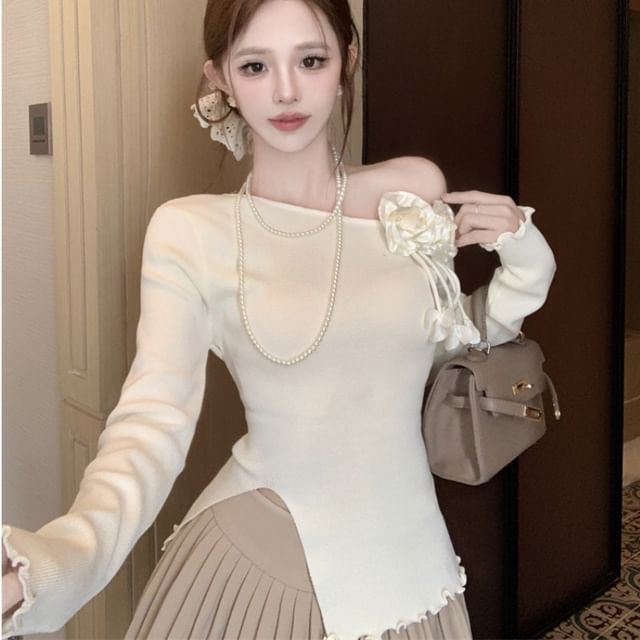 Whoosh-One-Shoulder Plain Lettuce Edge Side-Slit Sweater