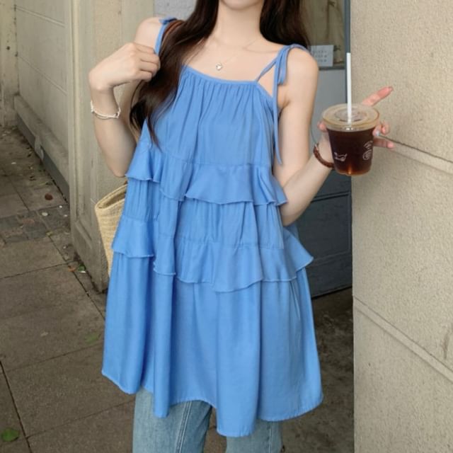 Alfie-Spaghetti Strap Scoop Neck Plain Ruffle Trim Cami Top