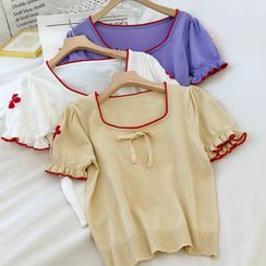 Wilder Dreams - Ruffle Trim Puff-Sleeve Knit Top Wilder Dreams - Ruffle Trim Puff-Sleeve Knit Top