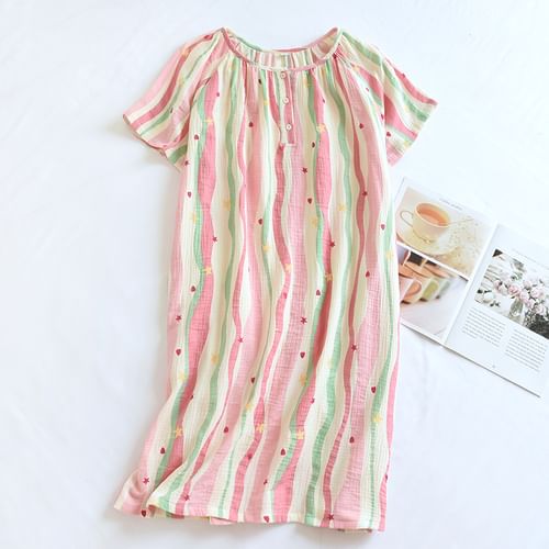Dogini - Short-Sleeve Henley Striped Pajama Dress | YesStyle
