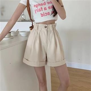 Everose-High Waist Plain Roll Up Hem Shorts