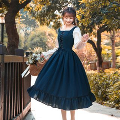 Nebbia - Long-Sleeve Lace-Up Plaid Midi A-Line Dress Nebbia - Long-Sleeve Lace-Up Plaid Midi A-Line Dress