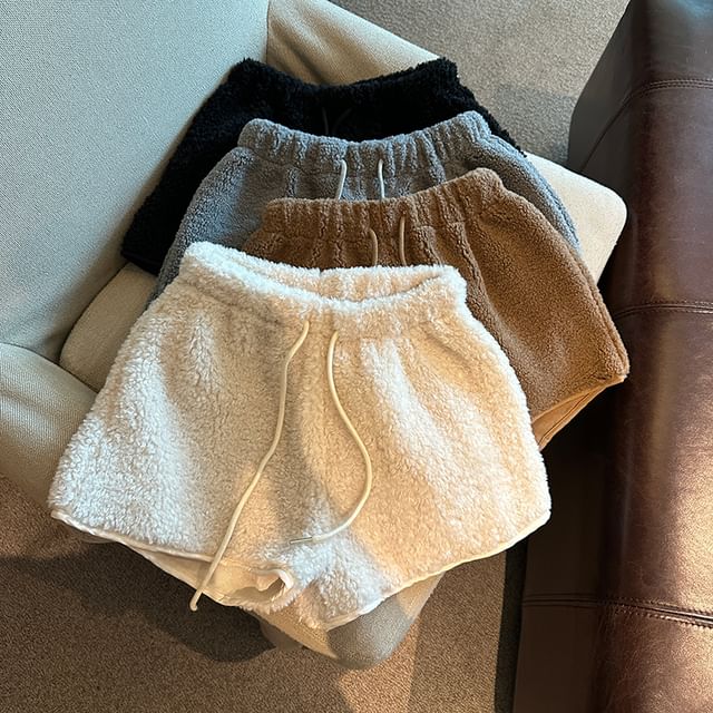 Cossita-Drawstring Waist Plain Fleece Shorts