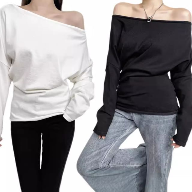 Asiris-Long Sleeve Cold-Shoulder Plain Loose-Fit Knit Top
