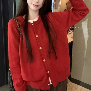 Beem-Crewneck Button-Up Plain Cardigan