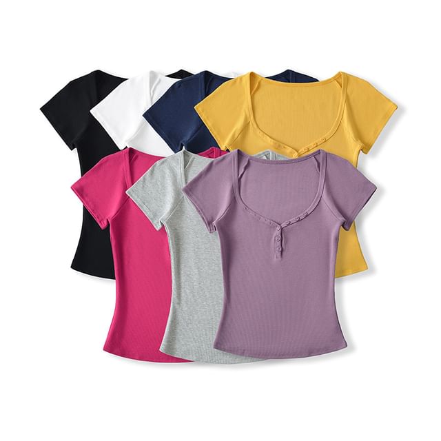 Asiris-Short-Sleeve Plain Henley Tee