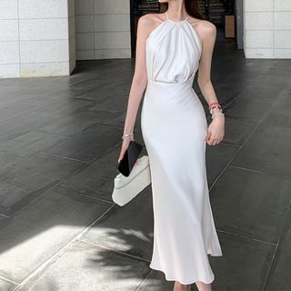 DreesHouse-Halter Neck Plain Ruched Slit Satin Midi Mermaid Wedding Dress