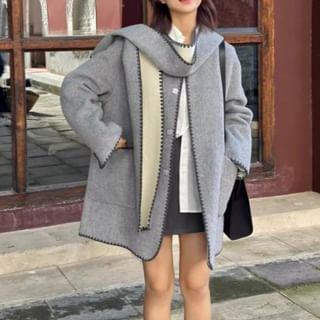 monroll-Set Crew Neck Contrast Trim Button-Up Coat Shawl