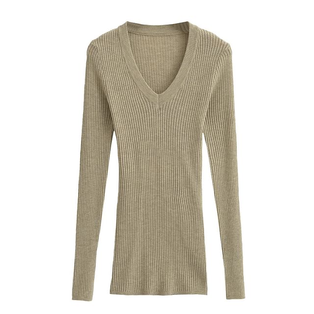 Hollahop-Long-Sleeve V-Neck Open Back Ribbed Knit Top