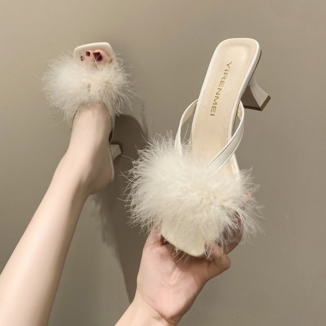 Asterisk-Fluffy Block Heel Slide Sandals