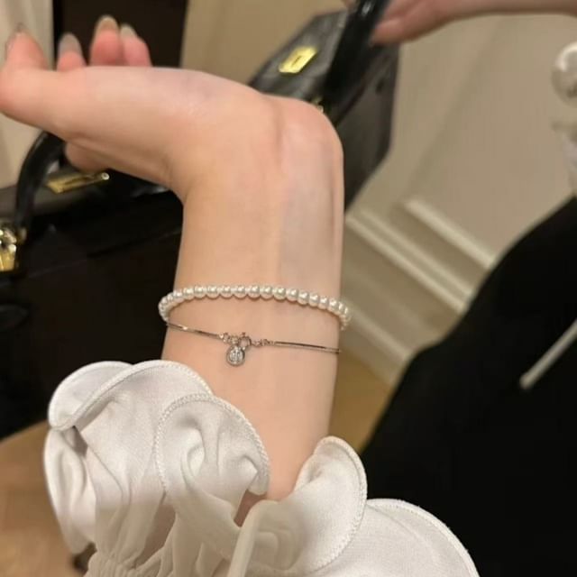 Seirios-Faux Pearl Rhinestone Bracelet