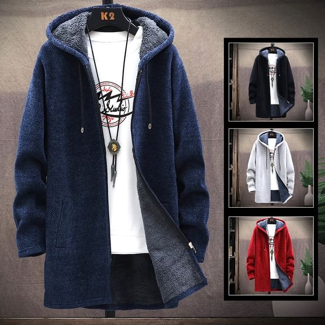 FORSETI-Drawstring Hooded Fleece-Lined Long Zip Cardigan