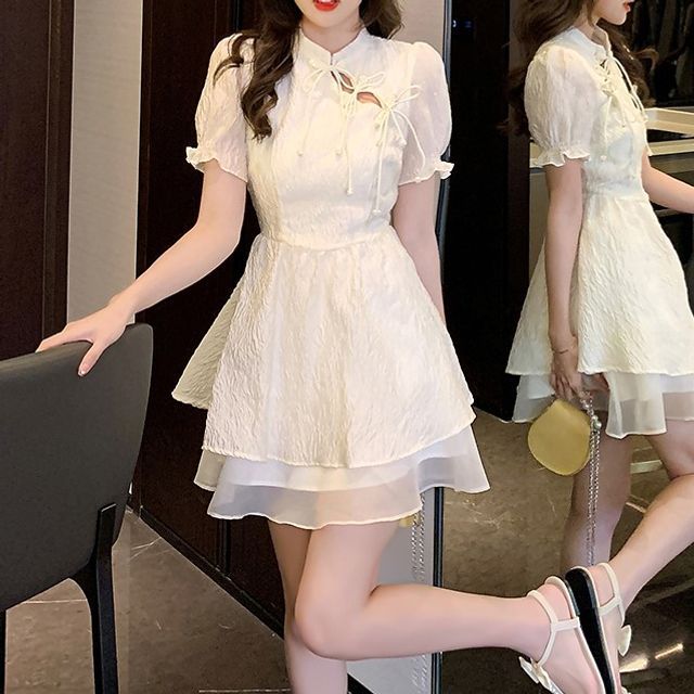 Petit Lace - Puff-Sleeve Plain Shirred Cutout Tie-Front Mini A-Line Dress |  YesStyle