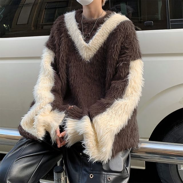 Lorencho-Crew Neck Striped Fluffy Oversized Sweater