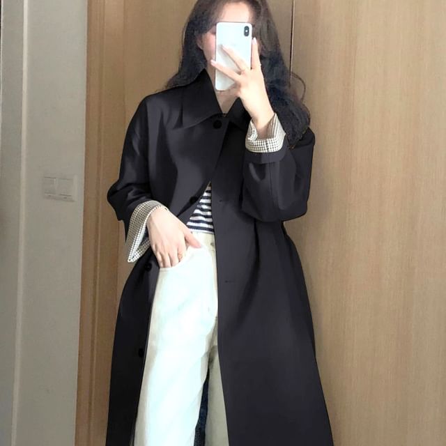 ANORA-Plain Single-Breasted Midi Trench Coat