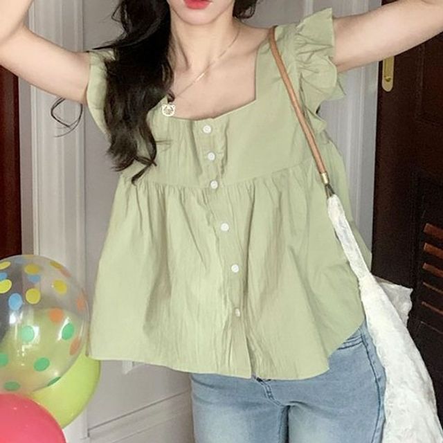 Yako-Sleeveless Square Neck Plain Ruffle Button Top