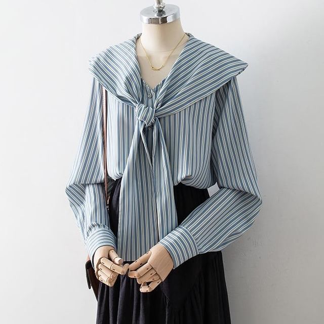 Cossita-Long Sleeve Tie Neck Striped Blouse