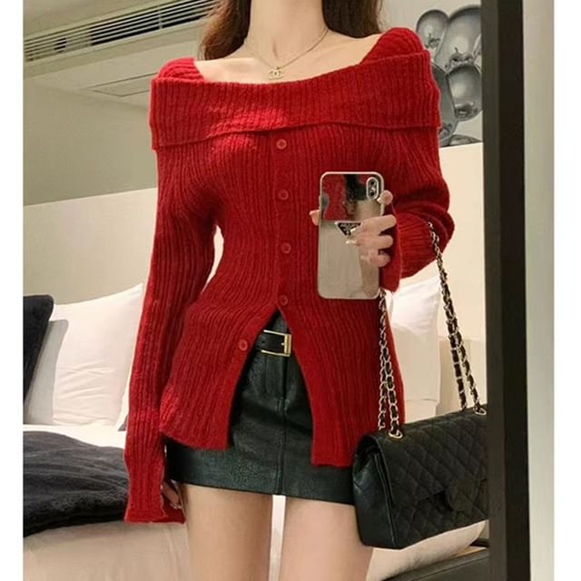 INEN-Square Neck Plain Button Ribbed Knit Sweater