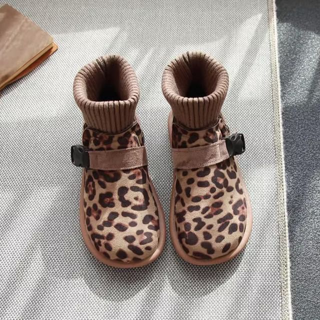 STEPUP-Leopard Print Buckled Short Sock Boots